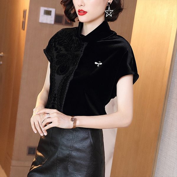 2020 summer dress women's high collar lace stitching velvet short sleeve black 202270 lace pullover pullover, White
2020 summer dress women's high collar lace stitching velvet short sleeve black 202270 lace pullover pullover, White