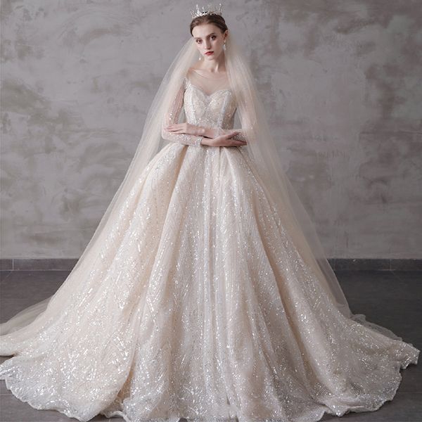glittering sequined lace long sleeve wedding dress sale crystals beading sparkly wedding dresses sheer back wedding gowns vestidos de novia, White
glittering sequined lace long sleeve wedding dress sale crystals beading sparkly wedding dresses sheer back wedding gowns vestidos de novia, White