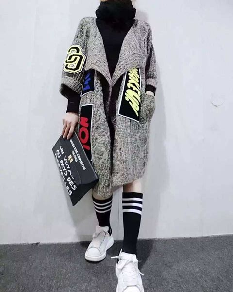 2016 new women individuality appliques long cardigans fashion thick knitted sweater coat women's sweater shawl and ponchos, White;black