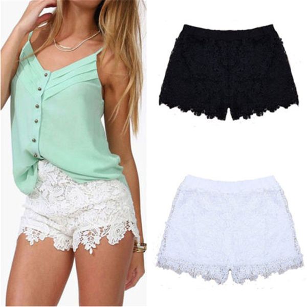 summer shorts 2019 fashion women elastic waist lace beach high waist shorts casual mini short feminino white black