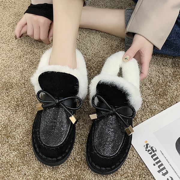 

rimocy thicken long plush winter snow boots women fashion crystal elegant lace up ankle boots woman slip on flat with lady shoes, Black