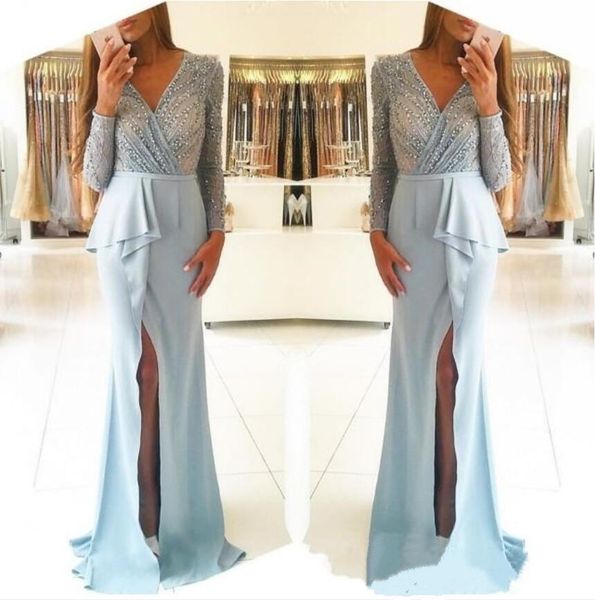 modern 2019 sky blue mother of the bride dresses formal vintage long sleeves beaded v neck sheath split evening prom gowns mother's dre, Black;red
modern 2019 sky blue mother of the bride dresses formal vintage long sleeves beaded v neck sheath split evening prom gowns mother's dre, Black;red