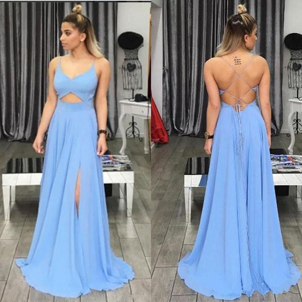 Sexy Spaghetti Backless Side Split Prom Dresses Blue Simple Chiffon Evening Gowns Cheap Floor Length A-line Special Occasion Dress
Sexy Spaghetti Backless Side Split Prom Dresses Blue Simple Chiffon Evening Gowns Cheap Floor Length A-line Special Occasion Dress