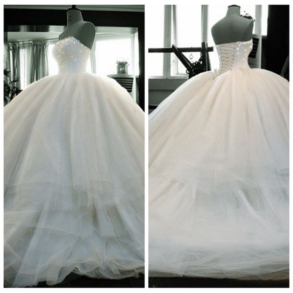 2019 strapless beaded crystal ball gown wedding dresses tulle lace up back chapel train long bridal gowns vestidos de marriage custom, White
2019 strapless beaded crystal ball gown wedding dresses tulle lace up back chapel train long bridal gowns vestidos de marriage custom, White