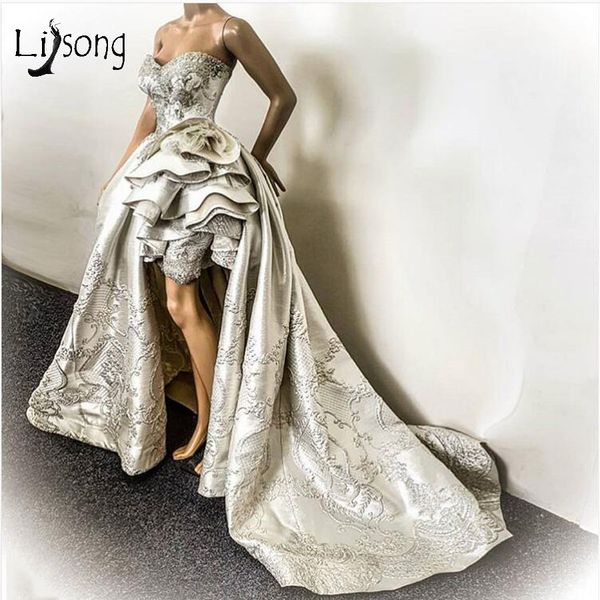 silver arabic hi-lo prom dresses with attacged train high side split lace appliqued evening gown formal party dress, Black
silver arabic hi-lo prom dresses with attacged train high side split lace appliqued evening gown formal party dress, Black