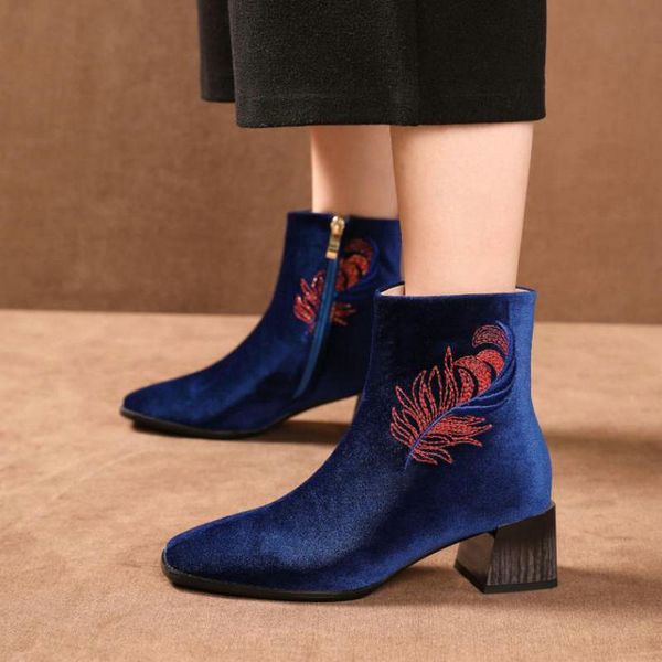 autumn winter short boots women thick heel blue velvet high-heeled boots embroidered side zipper ankle naked velvet, Black
autumn winter short boots women thick heel blue velvet high-heeled boots embroidered side zipper ankle naked velvet, Black