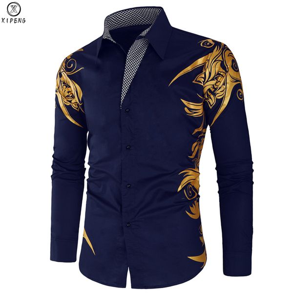 men's casual shirts men gold bronzing blouse features printed streetwear hip hop mens shirt dress slim fit long sleeved chemise homme, White;black
men's casual shirts men gold bronzing blouse features printed streetwear hip hop mens shirt dress slim fit long sleeved chemise homme, White;black