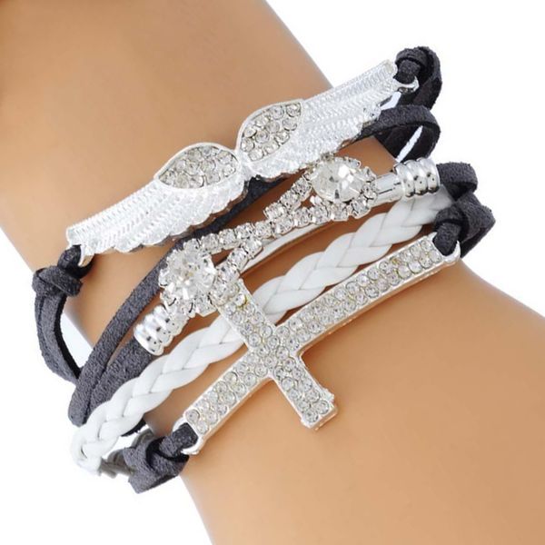 charms multilayer leather bracele rhinestone cross angels wing jewelry, Golden;silver