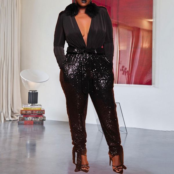 deep v neck black sequins party night club long jumpsuit oversized xl-5xl plus size women long sleeve jumpsuit rompers, Black;white
deep v neck black sequins party night club long jumpsuit oversized xl-5xl plus size women long sleeve jumpsuit rompers, Black;white