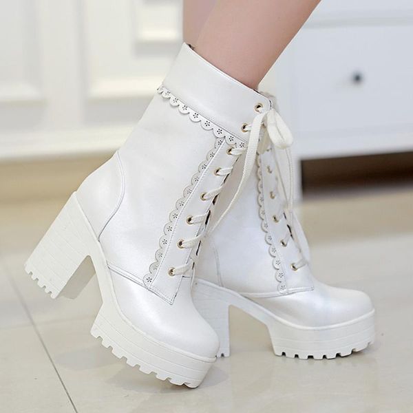 sweet women girls lace-up middle tube booties white solid square heel bare boots pu leather causal booties botas femininas, Black
sweet women girls lace-up middle tube booties white solid square heel bare boots pu leather causal booties botas femininas, Black
