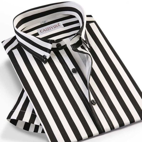 men's summer short sleeve vertical striped dress shirts pocket-less design casual standard-fit button down thin shirt, White;black 
men's summer short sleeve vertical striped dress shirts pocket-less design casual standard-fit button down thin shirt, White;black