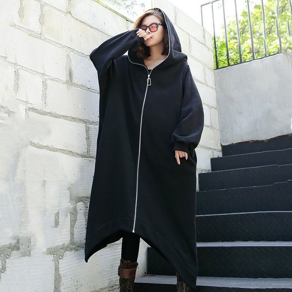 2019 women's new style spring fashion hooded long sleeve black loose big size long thick irregular hem jacket, Black;brown
2019 women's new style spring fashion hooded long sleeve black loose big size long thick irregular hem jacket, Black;brown