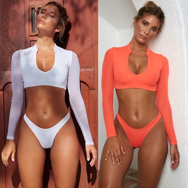 solid color long-sleeved u-neck mesh swimwear low waist ladies beach bikini two-piece swimsuit, White;black
solid color long-sleeved u-neck mesh swimwear low waist ladies beach bikini two-piece swimsuit, White;black