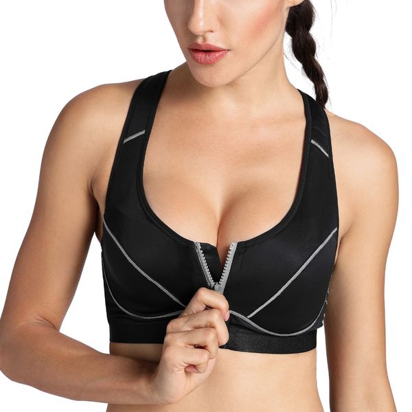 women's high impact front closure racerback full support sports bra, White;black
women's high impact front closure racerback full support sports bra, White;black