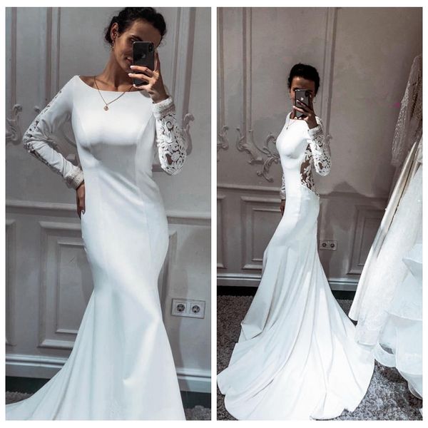 2021 scoop long sleeves slim mermaid wedding dresses modest customized long bridal gowns formal elegant robe de mariee retro european style, White
2021 scoop long sleeves slim mermaid wedding dresses modest customized long bridal gowns formal elegant robe de mariee retro european style, White