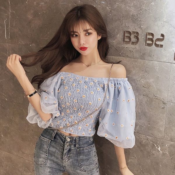 women dresses embroidered daisy off-shoulder puff sleeve slim pullover short sweet temperament fresh mesh shirt women, White
women dresses embroidered daisy off-shoulder puff sleeve slim pullover short sweet temperament fresh mesh shirt women, White