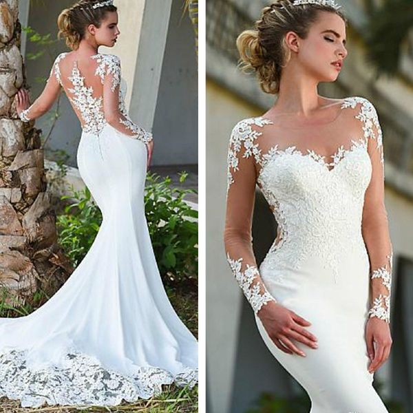 tulle lace applique sweep train wedding bridal gowns with buttons robes de mariée sheer long sleeves satin mermaid wedding dresses, White
tulle lace applique sweep train wedding bridal gowns with buttons robes de mariée sheer long sleeves satin mermaid wedding dresses, White