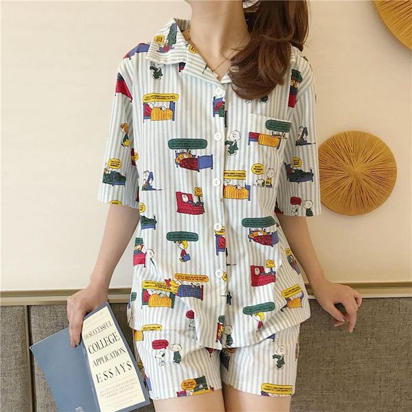2019 summer women pajamas suit cute comic cartoon short-sleeved shirt + shorts 2 pcs cotton pajamas set home clothing printing, Blue;gray
2019 summer women pajamas suit cute comic cartoon short-sleeved shirt + shorts 2 pcs cotton pajamas set home clothing printing, Blue;gray