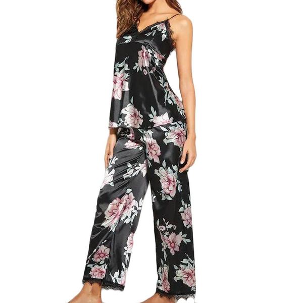 2019 women home suit silk satin printed lace pajamas v-neck vest trousers set sleepwear fashion summer ladies black sale, Black;red
2019 women home suit silk satin printed lace pajamas v-neck vest trousers set sleepwear fashion summer ladies black sale, Black;red