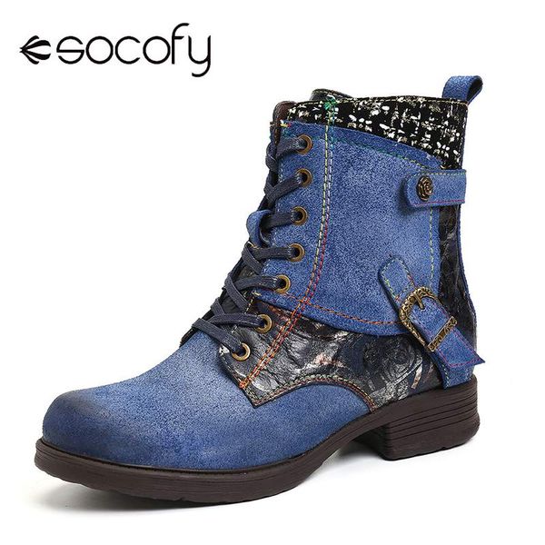 

socofy genuine boots leather splicing metal buckle lace up zipper soft flat short boots elegant shoes women shoes botas mujer, Black