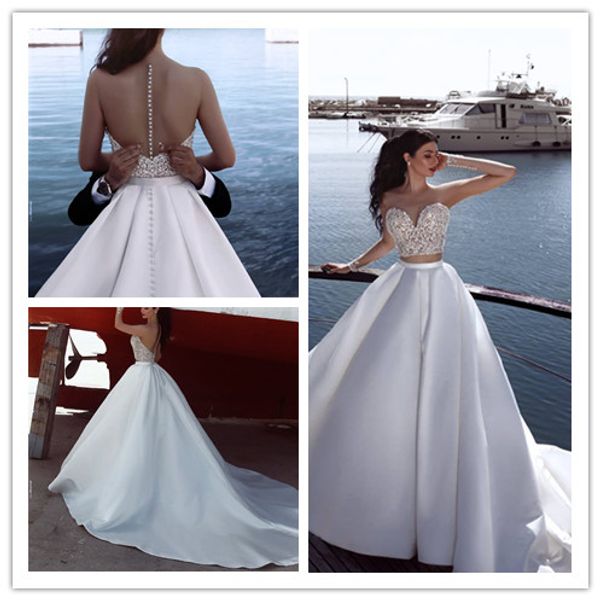 2019 a line sheer long sleeve satin beach country wedding dresses long train two pieces wedding bridal gowns with bottons, White
2019 a line sheer long sleeve satin beach country wedding dresses long train two pieces wedding bridal gowns with bottons, White
