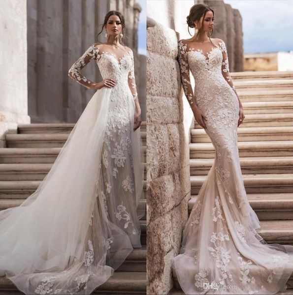 sheer neck long sleeves lace mermaid wedding dresses with detachable skirt 2020 tulle applique sweep train bridal gowns robes de mariée, White