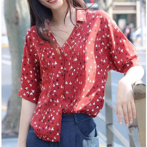 100% silk v-neck women's red blouse lady sweet single-beasted pleated vintage shirt and 2020 new, White
100% silk v-neck women's red blouse lady sweet single-beasted pleated vintage shirt and 2020 new, White