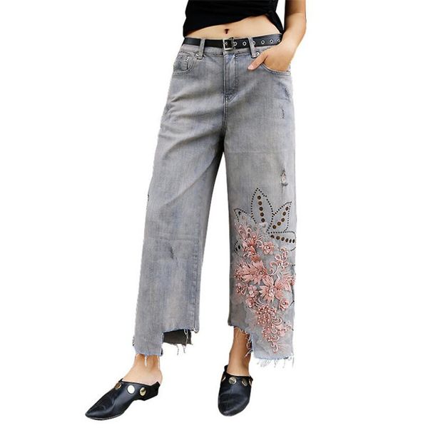 wide leg pants denim pants 2019 summer thin section women high waist hole beaded embroidery flowers jeans woman casual w1184, Blue
wide leg pants denim pants 2019 summer thin section women high waist hole beaded embroidery flowers jeans woman casual w1184, Blue