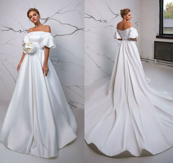 2020 a-line wedding dresses elegant off-shoulder hand made flower satin wedding gown ruched custom made sweep train bridal gown, White
2020 a-line wedding dresses elegant off-shoulder hand made flower satin wedding gown ruched custom made sweep train bridal gown, White