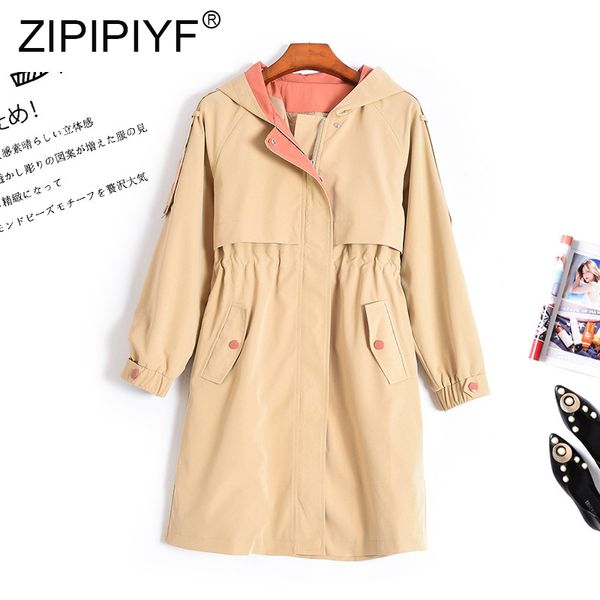 

hooded zippered long-sleeved women's trench coat loose waist 2019 autumn new fashion female casual wear c2028, Tan;black