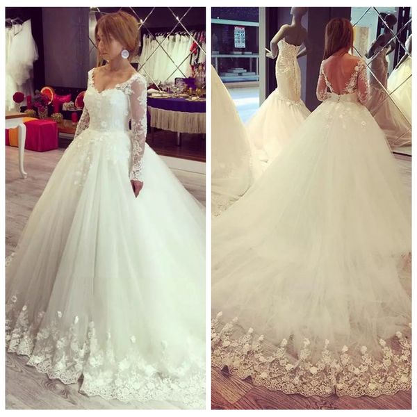 sheer long sleeves lace appliques a-line wedding dresses 2019 lace up back with 3d flowers adorned bridal gowns custom vestidos de mariee, White
sheer long sleeves lace appliques a-line wedding dresses 2019 lace up back with 3d flowers adorned bridal gowns custom vestidos de mariee, White
