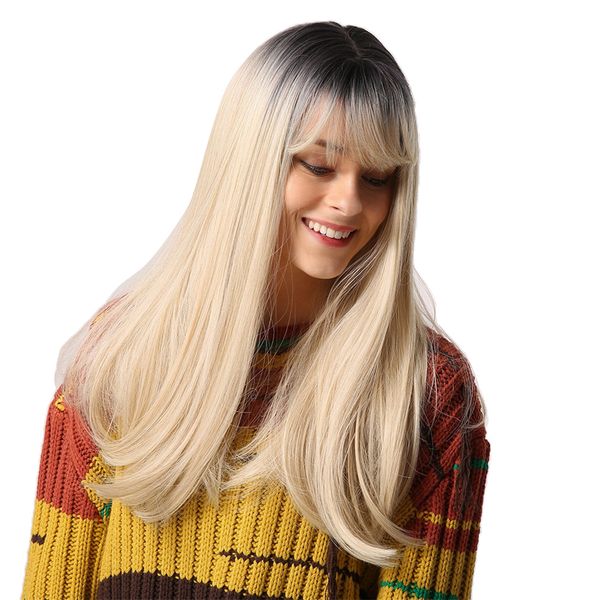 22" women natural long straight synthetic ombre blonde wig for daily cosplay, Black
22" women natural long straight synthetic ombre blonde wig for daily cosplay, Black