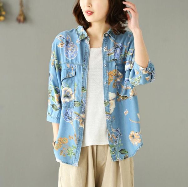 women's blouses & shirts summer casual denim floral printed loose wild three quarter sleeve turn-down collar thin tees fashion female, White
women's blouses & shirts summer casual denim floral printed loose wild three quarter sleeve turn-down collar thin tees fashion female, White