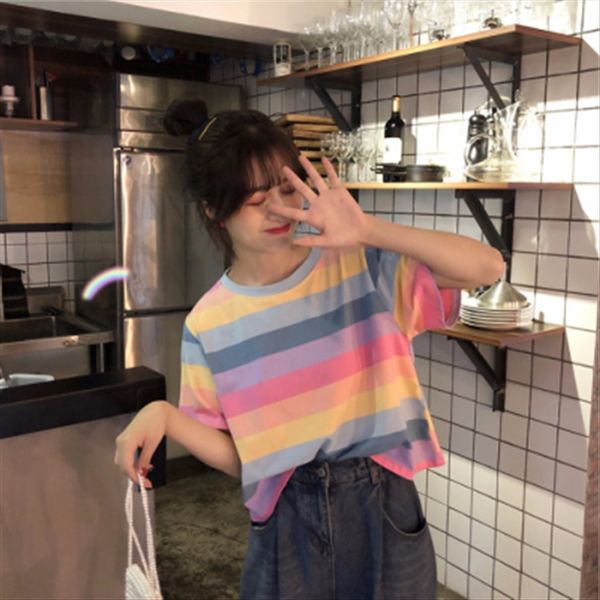 2019 summer all-match round collar short sleeve rainbow striped t-shirt elegant style t-shirt loose navel blouse, White
2019 summer all-match round collar short sleeve rainbow striped t-shirt elegant style t-shirt loose navel blouse, White