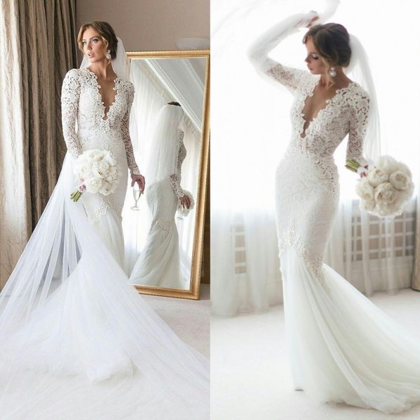amazing berta mermaid lace wedding dresses deep v neck long sleeves boho bridal gowns pearls trumpet court train vestidos de novia, White
amazing berta mermaid lace wedding dresses deep v neck long sleeves boho bridal gowns pearls trumpet court train vestidos de novia, White
