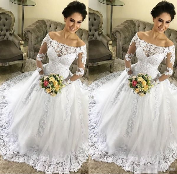 elegant bateau long sleeve wedding dresses lace appliques illusion sweep train tulle plus size bridal party gowns vestido de novia, White
elegant bateau long sleeve wedding dresses lace appliques illusion sweep train tulle plus size bridal party gowns vestido de novia, White