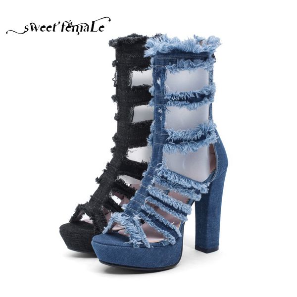2019 new fashion denim super heel shoes women brand thick with pump summer cool boots platform tassel sandals plus size 34-43, Black
2019 new fashion denim super heel shoes women brand thick with pump summer cool boots platform tassel sandals plus size 34-43, Black