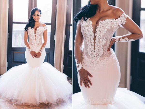 sheer long sleeves off shoulder slim mermaid wedding dresses modest lace appliques slim garden bridal gowns customized formal robe de mariee, White
sheer long sleeves off shoulder slim mermaid wedding dresses modest lace appliques slim garden bridal gowns customized formal robe de mariee, White