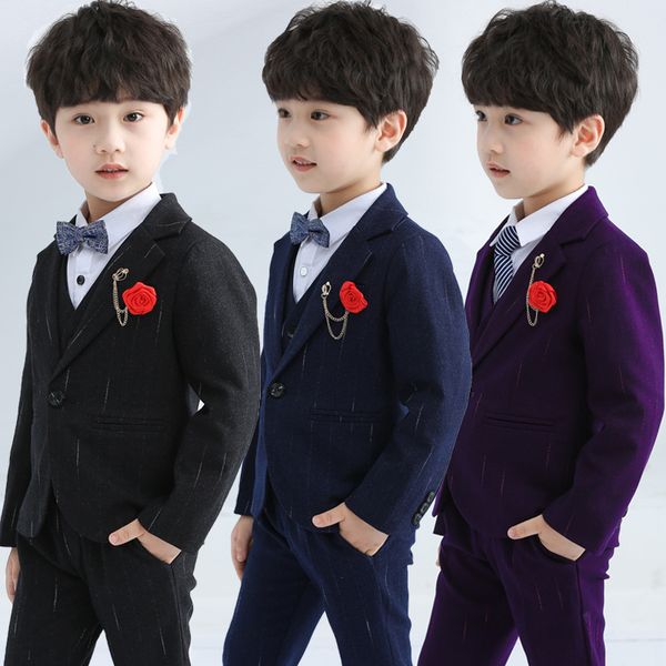 new fashion boys suits flower kids slim blazer jacket vest pants 3pcs clothing set children wedding party performance costume, Black