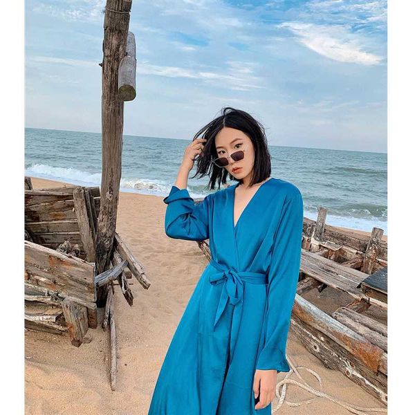 ael vintage women's temperament dress peacock blue long sleeve v neck belt pajamas style dress holiday female spring 2020, Black;gray
ael vintage women's temperament dress peacock blue long sleeve v neck belt pajamas style dress holiday female spring 2020, Black;gray