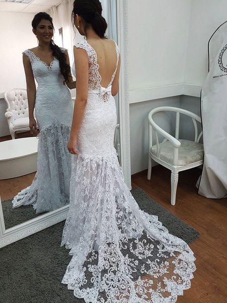 pretty lace backless mermaid wedding dresses cap sleeves fishtail boho wedding dress for women see through modest robe de mariee 2019, White
pretty lace backless mermaid wedding dresses cap sleeves fishtail boho wedding dress for women see through modest robe de mariee 2019, White