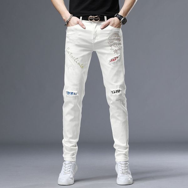 men's jeans straight beaded mens korean fashion trousers hole white denim pants male hip-hop high street slim fit pencil pants, Blue
men's jeans straight beaded mens korean fashion trousers hole white denim pants male hip-hop high street slim fit pencil pants, Blue
