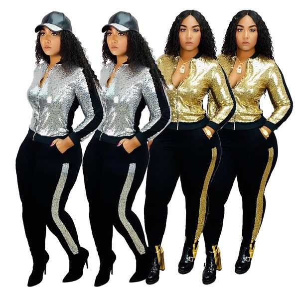 women sequins suit fashion tracksuit jacket two piece set long sleeve outwear leggings fashion fall winter clothing casual jogging suit 1982, White
women sequins suit fashion tracksuit jacket two piece set long sleeve outwear leggings fashion fall winter clothing casual jogging suit 1982, White