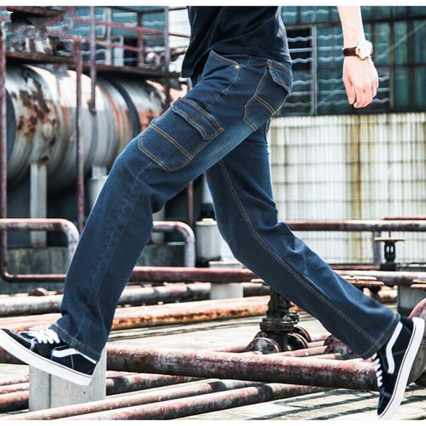 new seasons straight leisure jeans men's loose elasticity splice cowboy denim trousers man jeans bottoms plus size 46 48, Blue