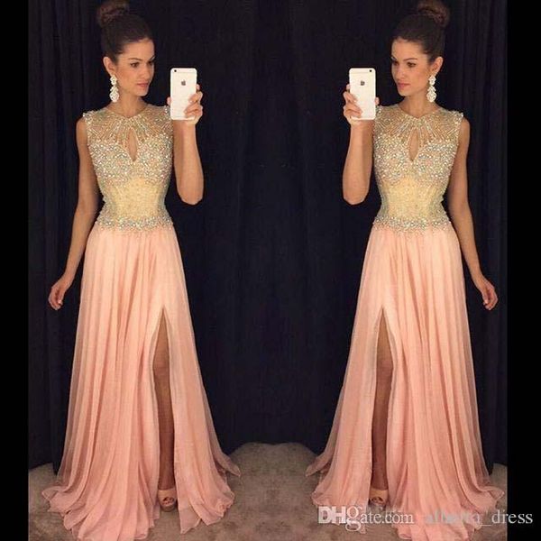 2019 blush pink chiffon prom dresses long sleeveless keyhole neck beading 2019 side slit formal occasion wear evening party gowns, Black
2019 blush pink chiffon prom dresses long sleeveless keyhole neck beading 2019 side slit formal occasion wear evening party gowns, Black