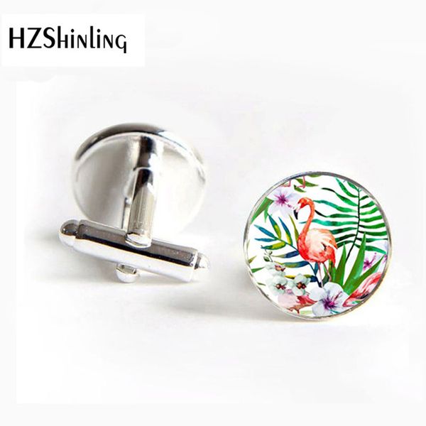 

new fashion green plant men cuff jewelry glass round tropic tree flamingo bird flower cufflinks gifts, Silver