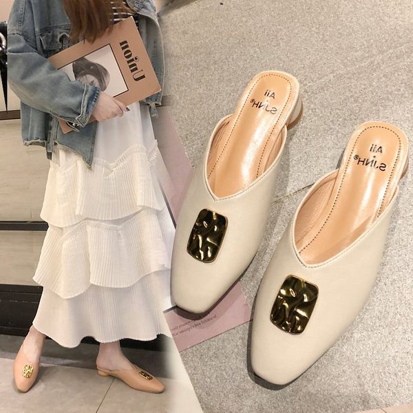 

2019 spring summer new style closed-toe pointed-toe retro versatile metal buckle outer wear ban tuo xie women's shoes high heel, Black