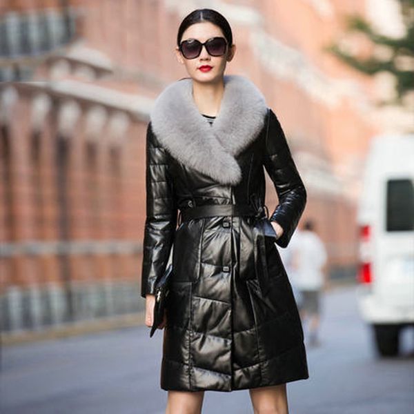 

genuine leather jacket women 100% real sheepskin long coat plus size 6xl 2019 winter duck jacket women's real fox fur coat l480, Black