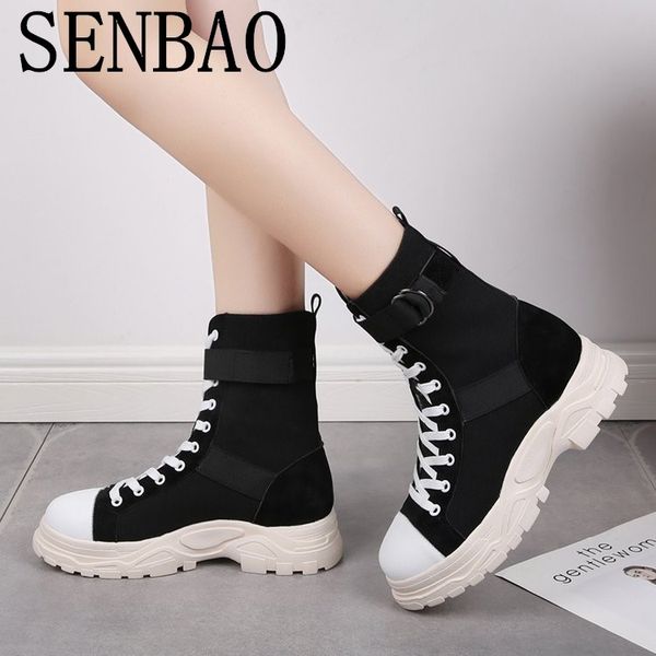 

senbao 2020 autumn new women's round toe solid color round head lace up boots wild fashion platform flat comfortable boot, Black