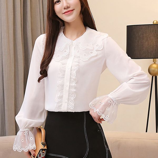 women's blouses & shirts women 2021 spring style flounced long sleeve chiffon shirt crew neck lace korean fashion clothing 681i, White
women's blouses & shirts women 2021 spring style flounced long sleeve chiffon shirt crew neck lace korean fashion clothing 681i, White